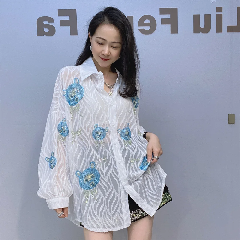 Summer White Sunscreen Shirt Women Design Cartoon Bear Hot Diamond Chiffon Cardigan Loose Thin Material Long Sleeve Shirt Tide
Summer White Sunscreen Shirt Women Design Cartoon Bear Hot Diamond Chiffon Cardigan Loose Thin Material Long Sleeve Shirt Tide