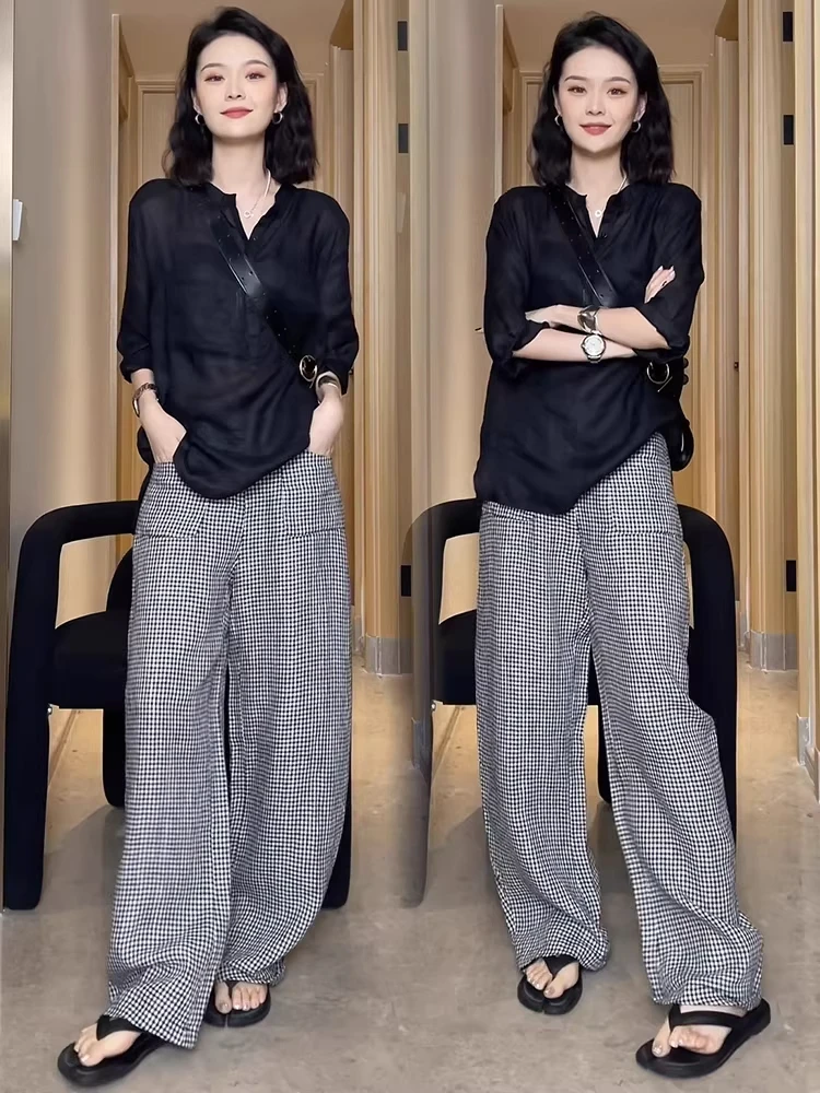 Fashionable Summer 2026 Women's Checkered Wide Leg Pants And Chiffon Shirt Casual Two-Piece Set High Waist Long Sleeve V-Neck
Fashionable Summer 2026 Women's Checkered Wide Leg Pants And Chiffon Shirt Casual Two-Piece Set High Waist Long Sleeve V-Neck