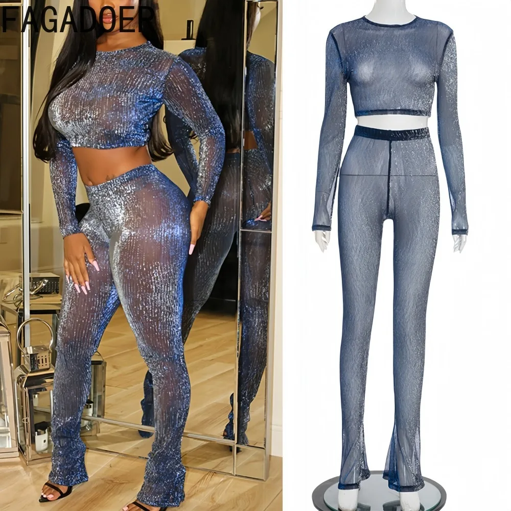 FAGADOER Sexy Shining Patchwork Bodycon 2 Pieces Set for Woman Outfits See Through Long Sleeves Crop Top+Pants Female Streetwear
FAGADOER Sexy Shining Patchwork Bodycon 2 Pieces Set for Woman Outfits See Through Long Sleeves Crop Top+Pants Female Streetwear