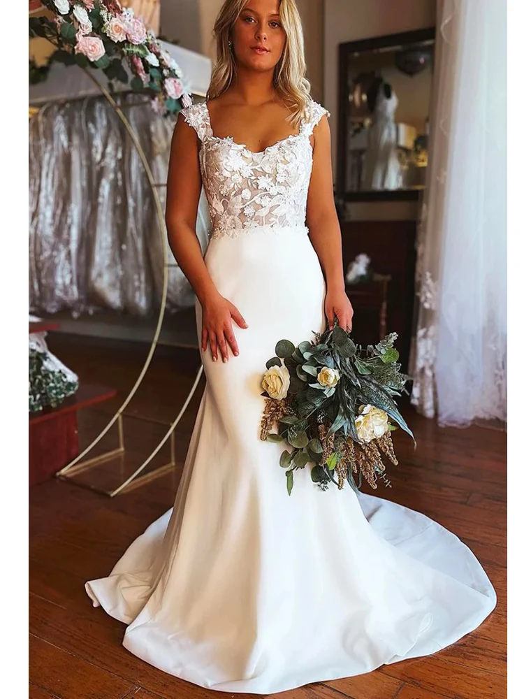Lace Appliques Crepe Mermaid Boho Wedding Dresses Sweetheart Bridal Gowns Wide Straps Lace Up Back
Lace Appliques Crepe Mermaid Boho Wedding Dresses Sweetheart Bridal Gowns Wide Straps Lace Up Back