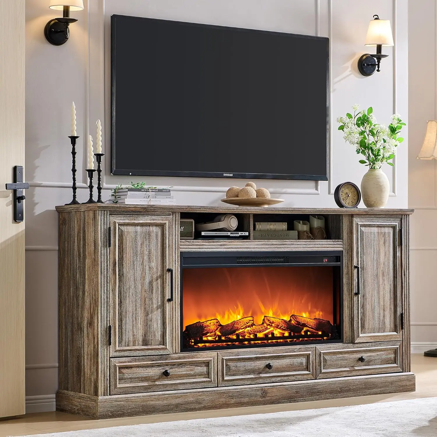 Fireplace TV Stand for 80 Inch TV, 35.7" Tall Farmhouse Entertainment Center W/36'' Electric Fireplace, Media Console
Fireplace TV Stand for 80 Inch TV, 35.7" Tall Farmhouse Entertainment Center W/36'' Electric Fireplace, Media Console