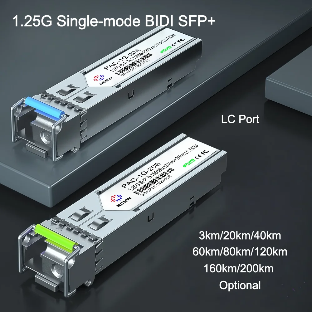 NCNW 1.25G BIDI SFP Module Transcevier 3/20/40/60/80/120/160/200km SM WDM SFP+ Module Compatible with Eicsson/MikroTik and so on
NCNW 1.25G BIDI SFP Module Transcevier 3/20/40/60/80/120/160/200km SM WDM SFP+ Module Compatible with Eicsson/MikroTik and so on