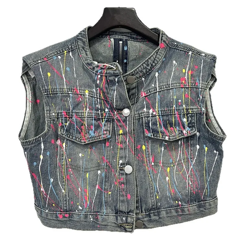 Vintage Hand-Painted Graffiti Print Denim Vest Summer New Women Blue Short Coat Zipper Stand Collar Sleeveless Cowboy Waistcoat
Vintage Hand-Painted Graffiti Print Denim Vest Summer New Women Blue Short Coat Zipper Stand Collar Sleeveless Cowboy Waistcoat