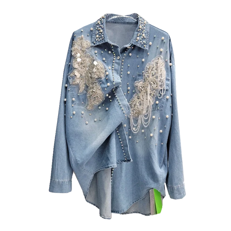 European Goods Exquisite Flowers Denim Shirt Women's Loose Slimming Mid-Length Lapel Single Breasted Beaded Spring Summer Top
European Goods Exquisite Flowers Denim Shirt Women's Loose Slimming Mid-Length Lapel Single Breasted Beaded Spring Summer Top