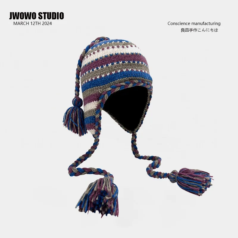 Geometric Stripes Winter Thickened Warm Hat Large Long Braid Tassel Ear Protection Hats Women's Nepalese Lined Thick Knitted Cap
Geometric Stripes Winter Thickened Warm Hat Large Long Braid Tassel Ear Protection Hats Women's Nepalese Lined Thick Knitted Cap