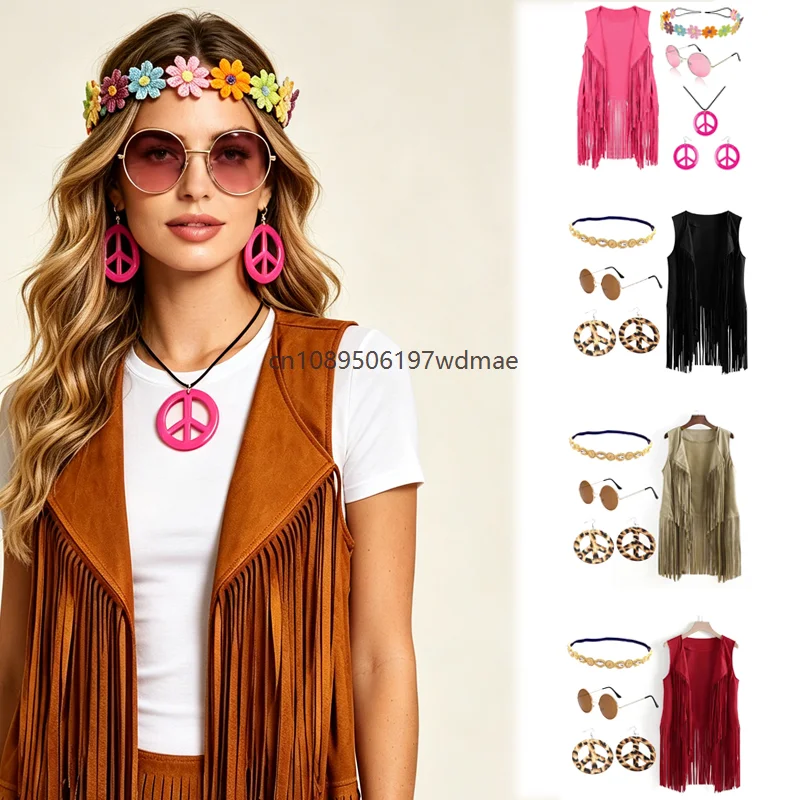 Women's Retro 60s 70s Hippie Stage Cosplay Set Tassel Vest Outerwear Dance Party Disco Performance Costume With Accessories
Women's Retro 60s 70s Hippie Stage Cosplay Set Tassel Vest Outerwear Dance Party Disco Performance Costume With Accessories