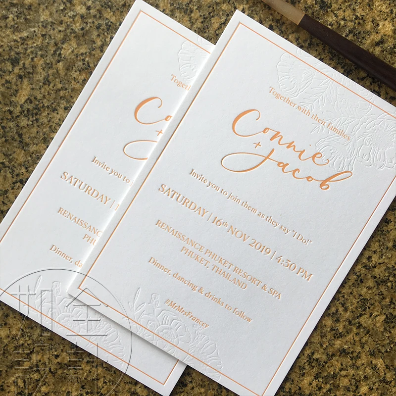 High Grade Customized Design Wedding Invitations Cotton Paper Golden Foil/Colorless Deboss Printing
High Grade Customized Design Wedding Invitations Cotton Paper Golden Foil/Colorless Deboss Printing