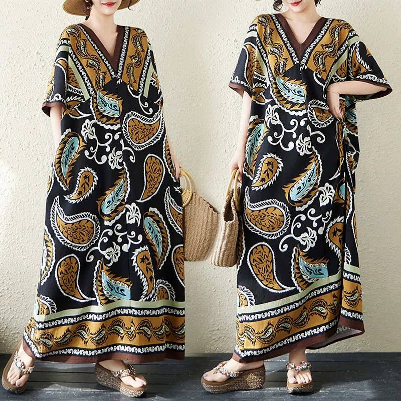 Slimming Loose Cotton V-Neck Short Sleeve Draped Print Dress Women's City Walk Artistic Style Summer Long Dress
Slimming Loose Cotton V-Neck Short Sleeve Draped Print Dress Women's City Walk Artistic Style Summer Long Dress