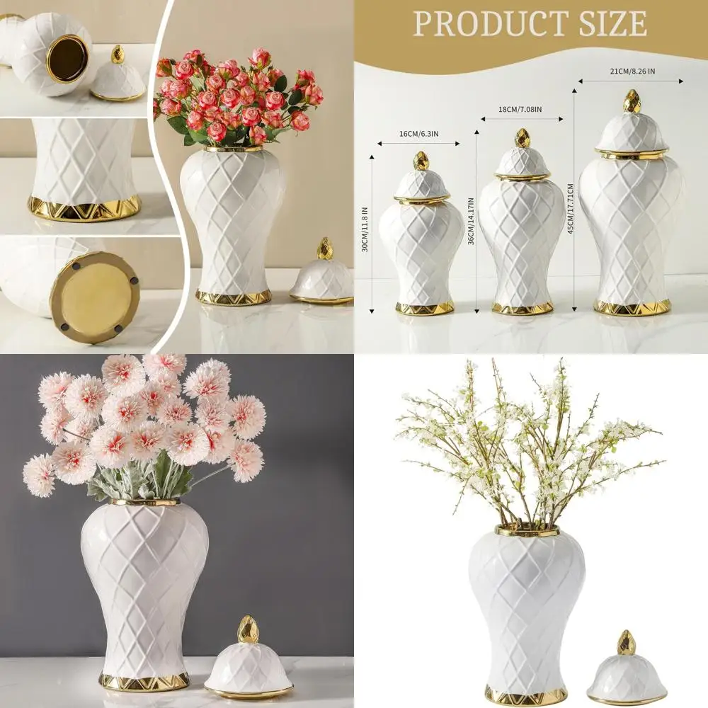 12-inch White and Gold Decorative Ceramic Ginger Jar with Lid, Porcelain Vase for Home Décor and Centerpieces
12-inch White and Gold Decorative Ceramic Ginger Jar with Lid, Porcelain Vase for Home Décor and Centerpieces