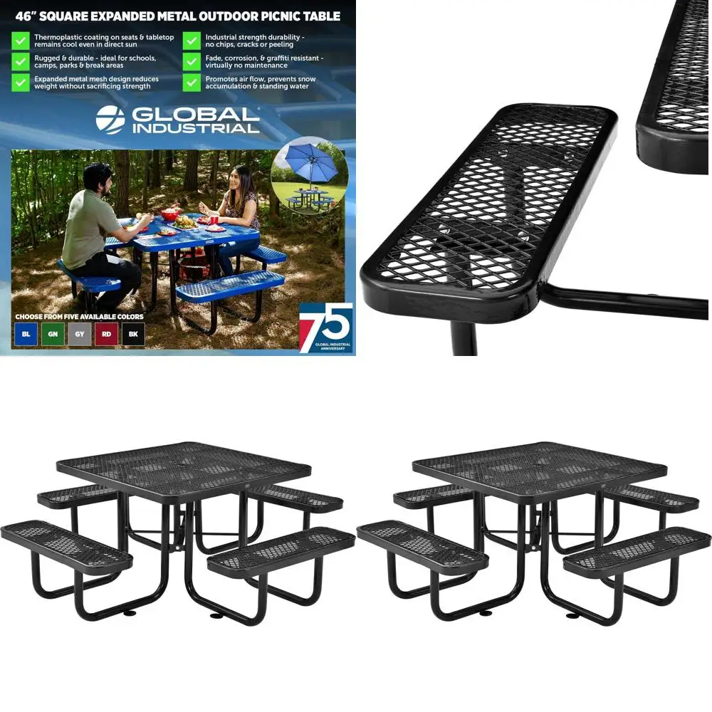 46" Square Picnic Table, Expd Metal, Black Thermoplastic Coating, Attached Benches, 1-1/2” Umbrella Pole Hole, Outdoor-Rated, 10
46" Square Picnic Table, Expd Metal, Black Thermoplastic Coating, Attached Benches, 1-1/2” Umbrella Pole Hole, Outdoor-Rated, 10
