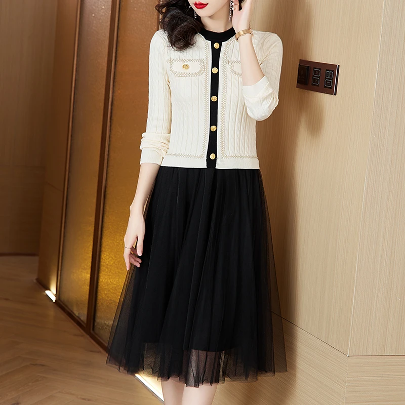2023 Autumn/Winter New Knitted Dress Women's O-Neck Large High Elastic Jacquard Mesh Splice Slim Knee Long Sweater Dress
2023 Autumn/Winter New Knitted Dress Women's O-Neck Large High Elastic Jacquard Mesh Splice Slim Knee Long Sweater Dress