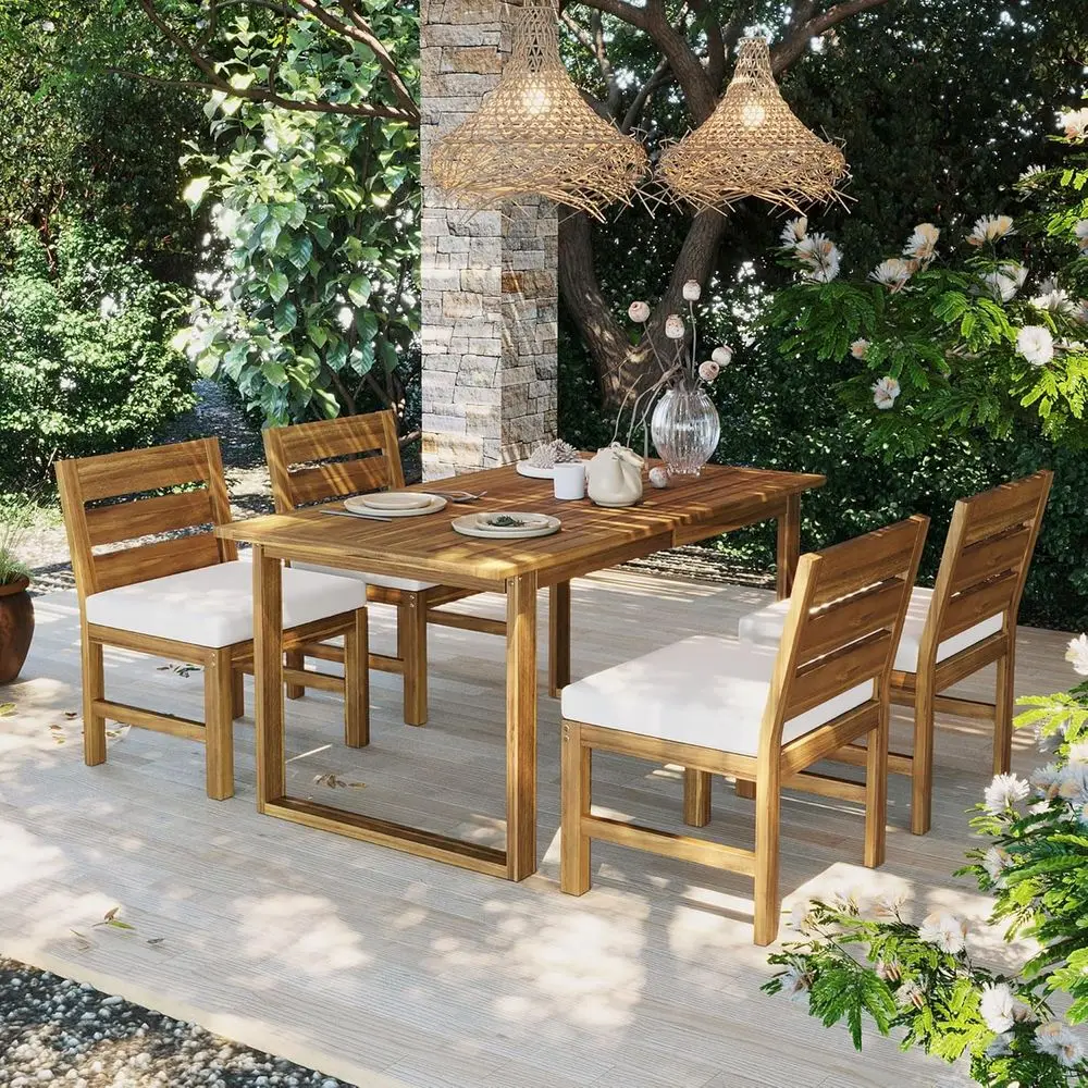 Outdoor Patio Dining Set: Acacia Wood Table with 4 Upholstered Chairs, Adjustable Legs, Suitable for Backyard, Garden, Deck (Nat
Outdoor Patio Dining Set: Acacia Wood Table with 4 Upholstered Chairs, Adjustable Legs, Suitable for Backyard, Garden, Deck (Nat