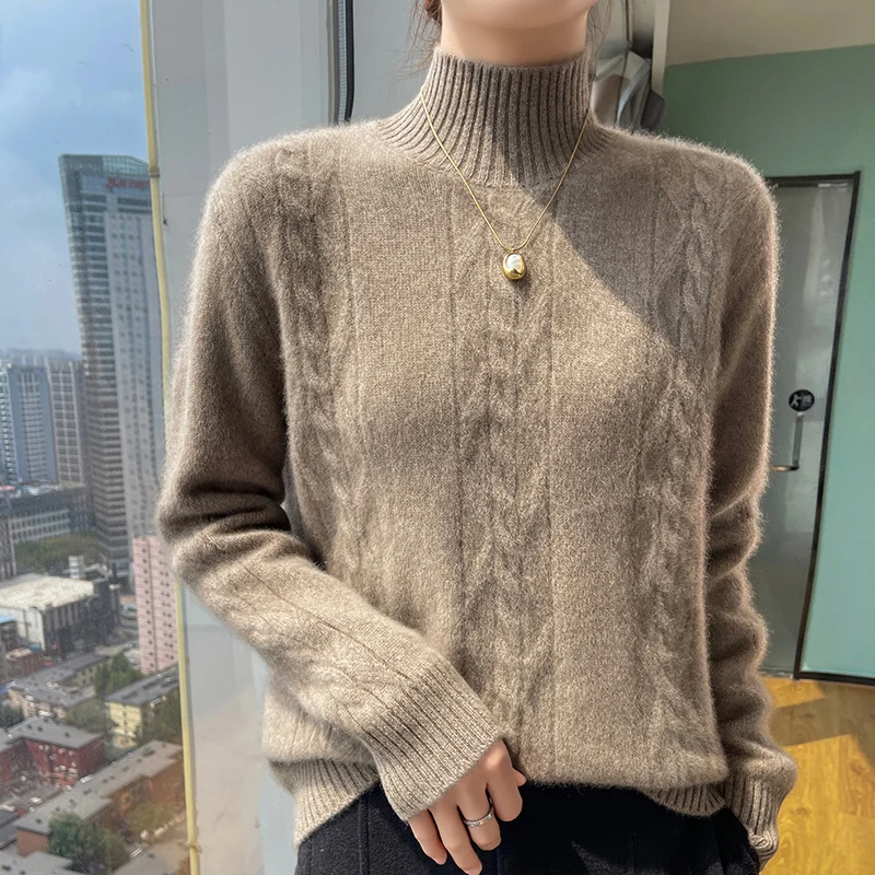 Осенне-зимний вязаный свитер из 100% мериносовой шерсти, женские свободные пуловеры с полувысоким воротником, модные теплые жаккардовые топы большого размера 
Осенне-зимний вязаный свитер из 100% мериносовой шерсти, женские свободные пуловеры с полувысоким воротником, модные теплые жаккардовые топы большого размера