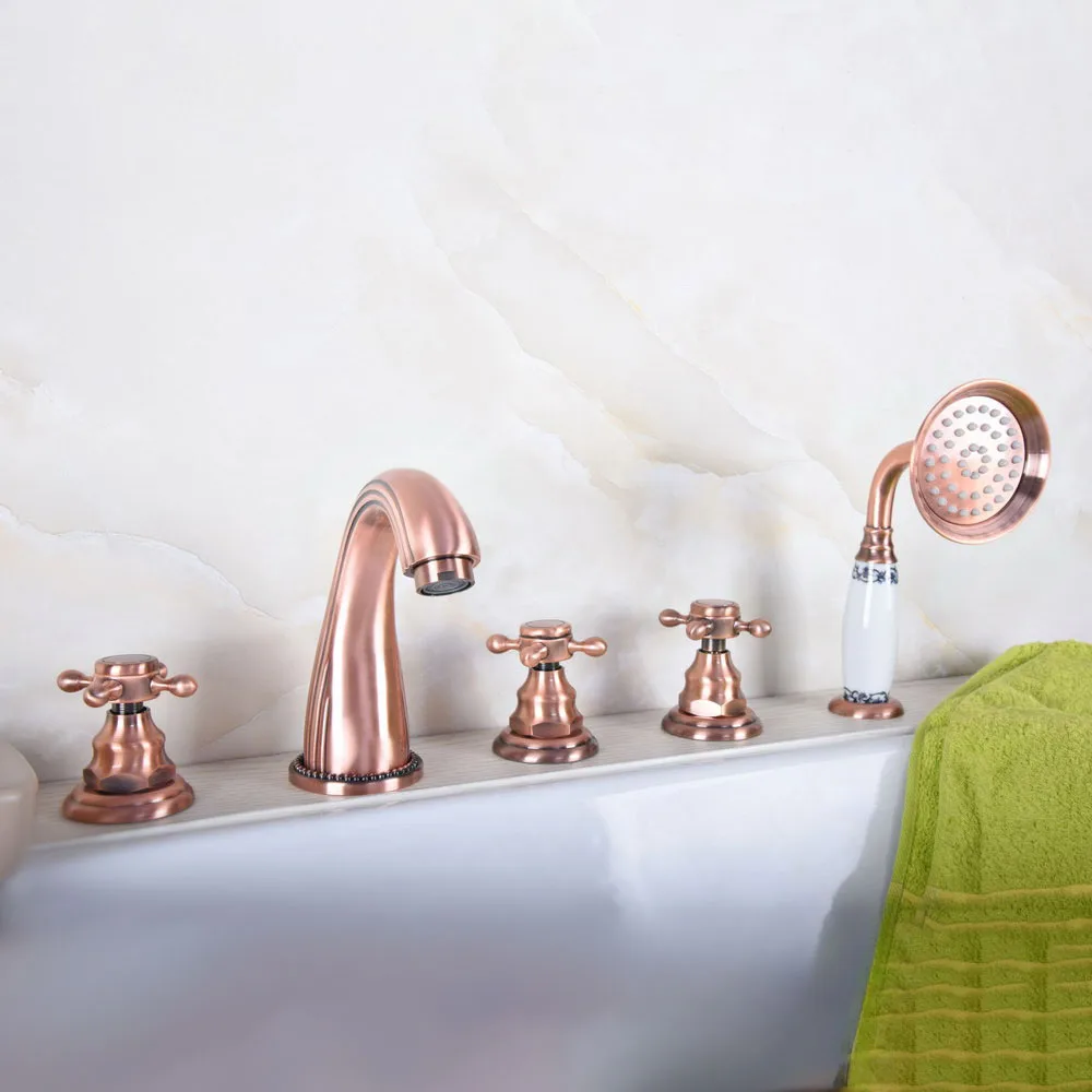 Antique Red Copper Five Hole Deck Mounted Bathroom Tub Faucet Set with 1.5M Handheld Spray Shower Mixer Tap 2tf181
Antique Red Copper Five Hole Deck Mounted Bathroom Tub Faucet Set with 1.5M Handheld Spray Shower Mixer Tap 2tf181