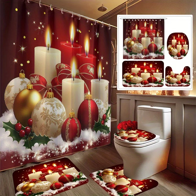 4pcs Christmas Candle Print Shower Curtain Set, Includes Bath Mat, Toilet Lid Cover, Bathroom Rug, and 12 Plastic Hooks
4pcs Christmas Candle Print Shower Curtain Set, Includes Bath Mat, Toilet Lid Cover, Bathroom Rug, and 12 Plastic Hooks
