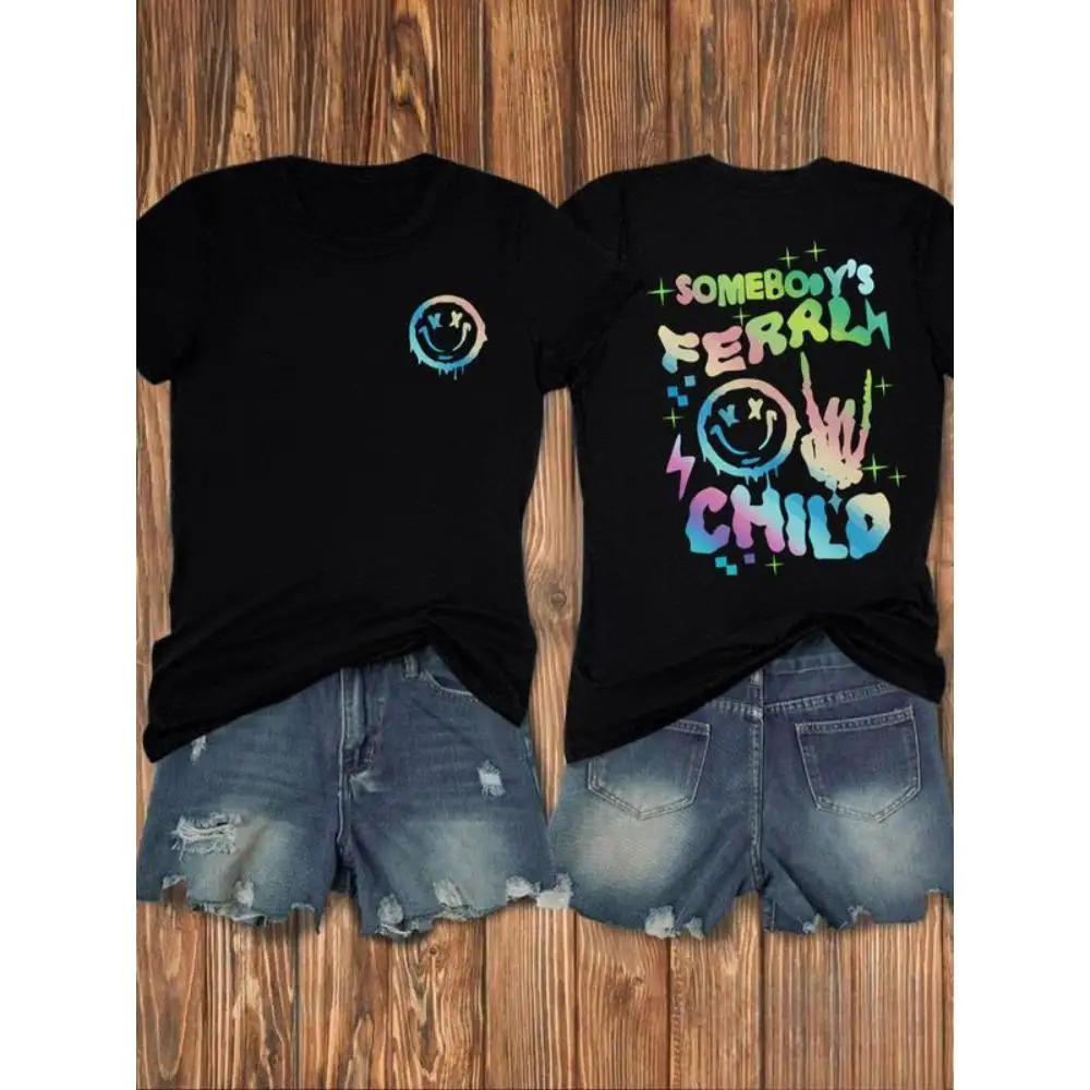 Women's Cartoon Smile Face & Letter Print Round Neck Tee, Fashion Casual Crew Neck Short Sleeve T-Shirt for Daily Holiday Vacati
Women's Cartoon Smile Face & Letter Print Round Neck Tee, Fashion Casual Crew Neck Short Sleeve T-Shirt for Daily Holiday Vacati