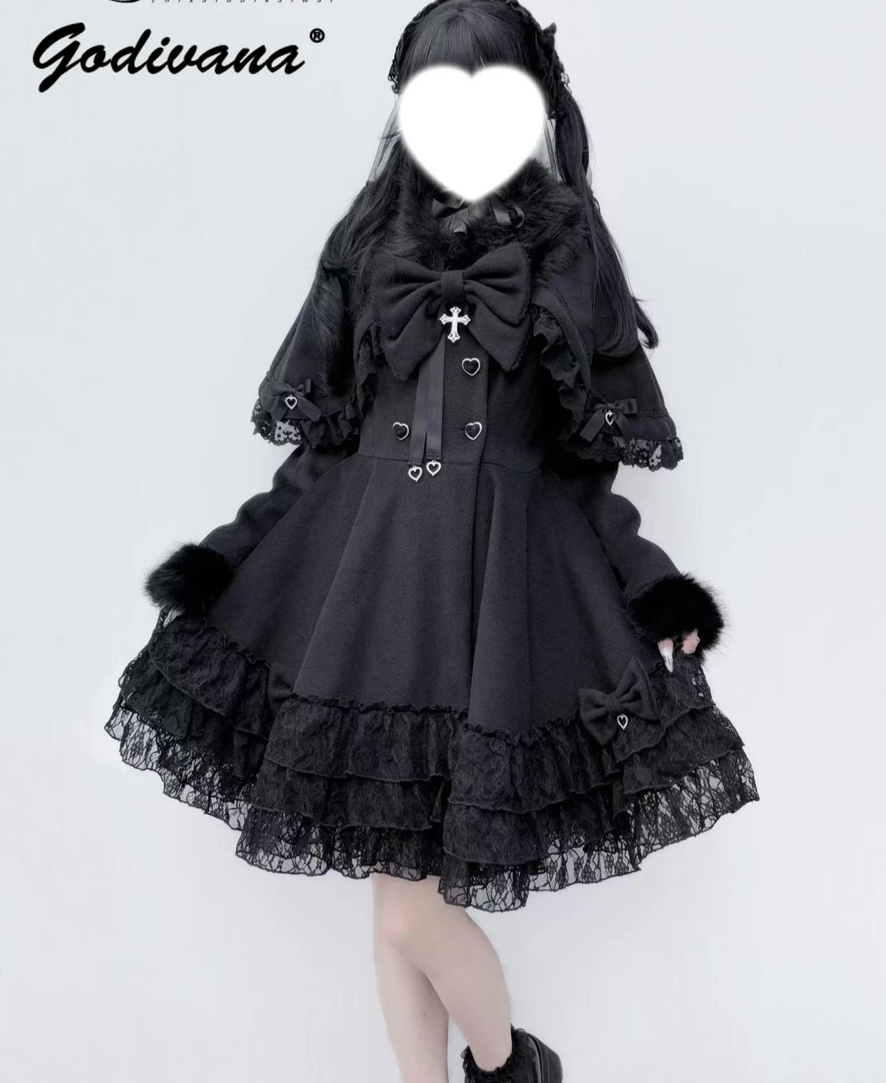 Japanese Mine Gothic Removable Cloak Fur Collar Lace Cross Slim Double-breasted Jacket Women's Lolita Cape Coat Woolen Outwear
Japanese Mine Gothic Removable Cloak Fur Collar Lace Cross Slim Double-breasted Jacket Women's Lolita Cape Coat Woolen Outwear