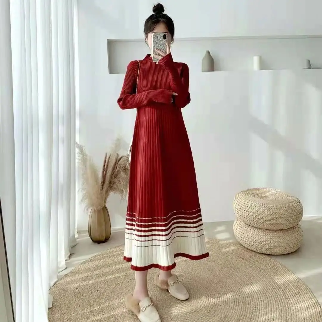 Autumn and Winter Women's Half High Collar Long Sleeve Slim Knitted Contrast Color Stripe Fashion Casual Office Lady Dress
Autumn and Winter Women's Half High Collar Long Sleeve Slim Knitted Contrast Color Stripe Fashion Casual Office Lady Dress