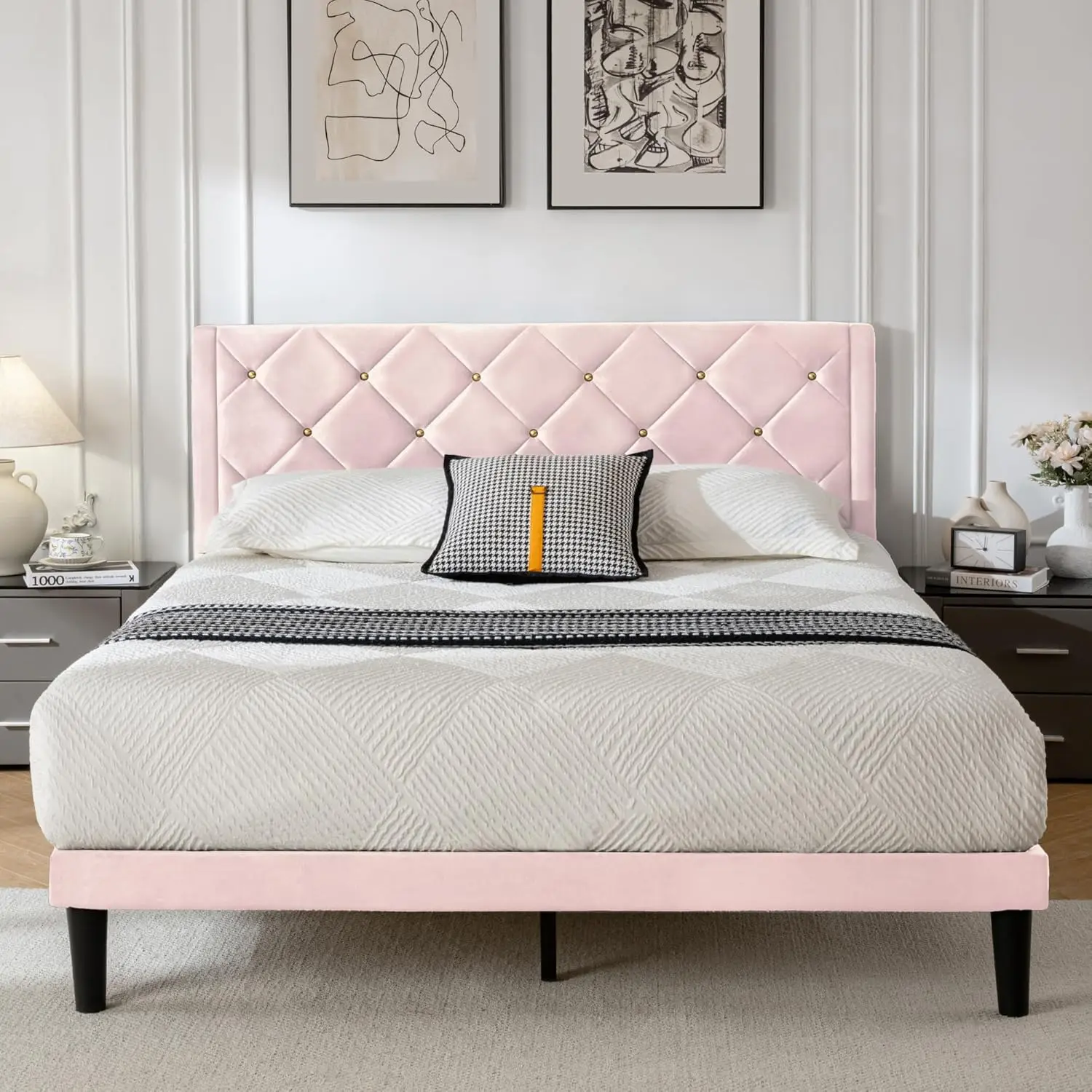 Full Bed Frame with Velvet Headboard, Sturdy Wooden Slats, Easy Assembly, No Box Spring Needed in Pink
Full Bed Frame with Velvet Headboard, Sturdy Wooden Slats, Easy Assembly, No Box Spring Needed in Pink