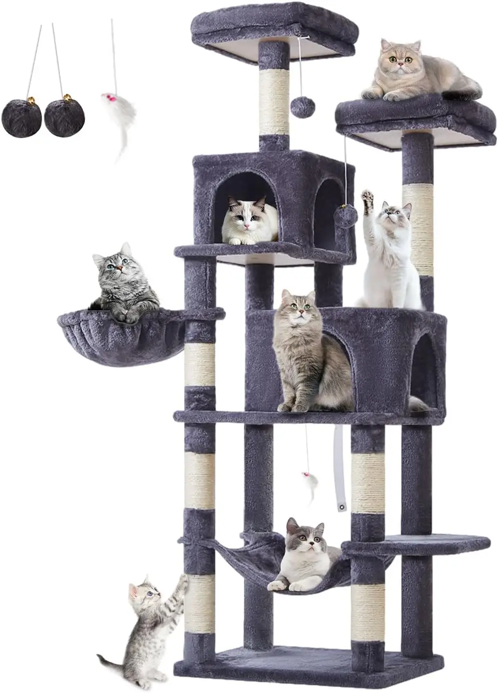 66.2-Inch Multi-Level Cat Tower with Scratching Posts, Perches, Caves, and Hammock for Indoor Cats
66.2-Inch Multi-Level Cat Tower with Scratching Posts, Perches, Caves, and Hammock for Indoor Cats