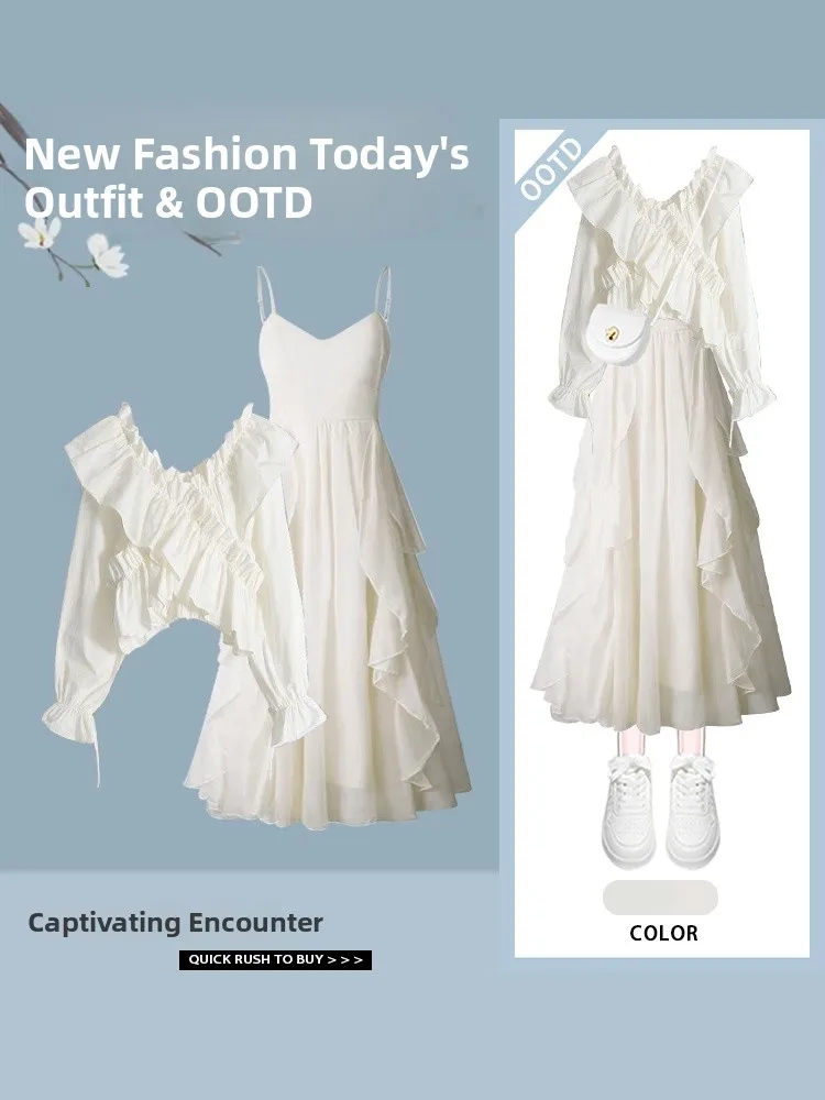 Sweet Asymmetrical Strap Dress Women's Spring Design Shoulder Long Sleeve Short Shirt Two-Piece Set Polyester Fiber V-Neck
Sweet Asymmetrical Strap Dress Women's Spring Design Shoulder Long Sleeve Short Shirt Two-Piece Set Polyester Fiber V-Neck