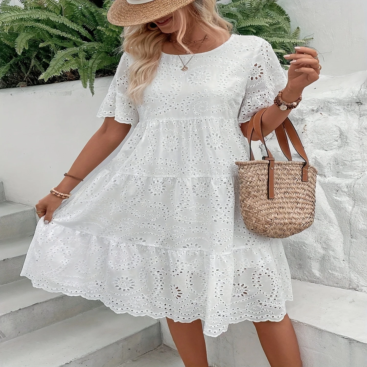 Feminine Eyelet Embroidery Dress - Stylish Casual Short Sleeve Crew Neck - Perfect for Spring & Summer - Trendy Womens Clothing
Feminine Eyelet Embroidery Dress - Stylish Casual Short Sleeve Crew Neck - Perfect for Spring & Summer - Trendy Womens Clothing
