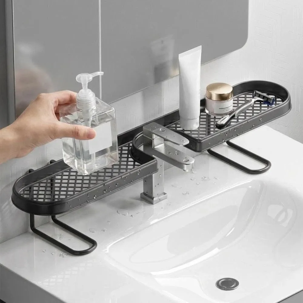 U-shaped Bathroom Storage Rack Dual-grid Water Drainage Kitchen Organizer Rack Mesh Rustproof Bathroom Counter Organizer