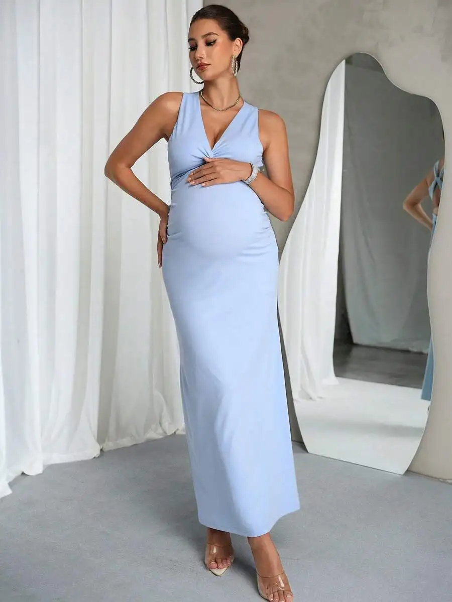 Maternity Sleeveless Dress Summer Solid Blue Twist Front Elegant Long
Maternity Sleeveless Dress Summer Solid Blue Twist Front Elegant Long