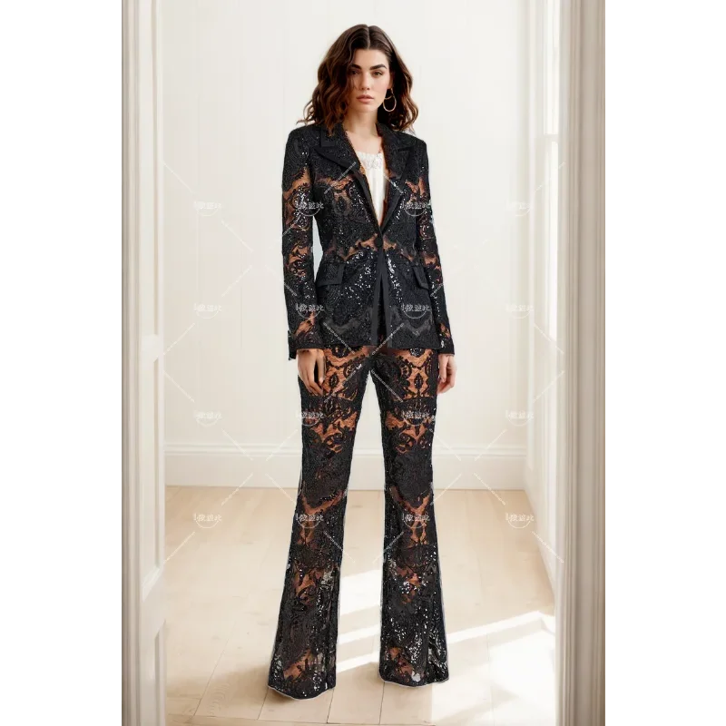Black Lace Mesh Embroidered Sequin Pant Sets White New Designer Sequins Blazer Pants Set 2 Pieces Pants Suits Punk Suit Outfis
Black Lace Mesh Embroidered Sequin Pant Sets White New Designer Sequins Blazer Pants Set 2 Pieces Pants Suits Punk Suit Outfis