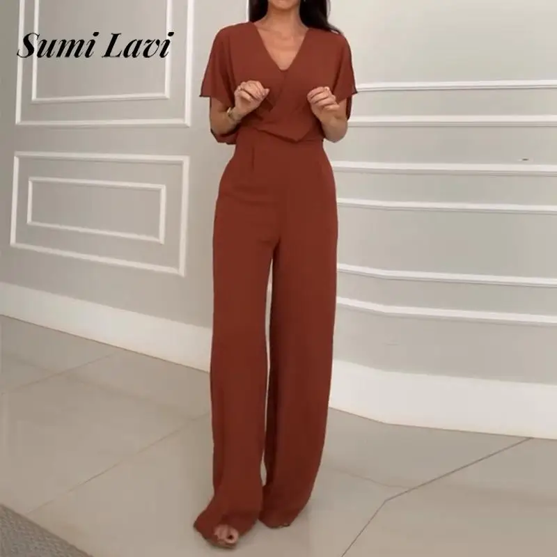 Elegant V-neck Pleat Solid Long Jumpsuit Women Casual Short Sleeve Hight Waist Playsuit Overall Fashion Commuter Wide Leg Romper
Elegant V-neck Pleat Solid Long Jumpsuit Women Casual Short Sleeve Hight Waist Playsuit Overall Fashion Commuter Wide Leg Romper