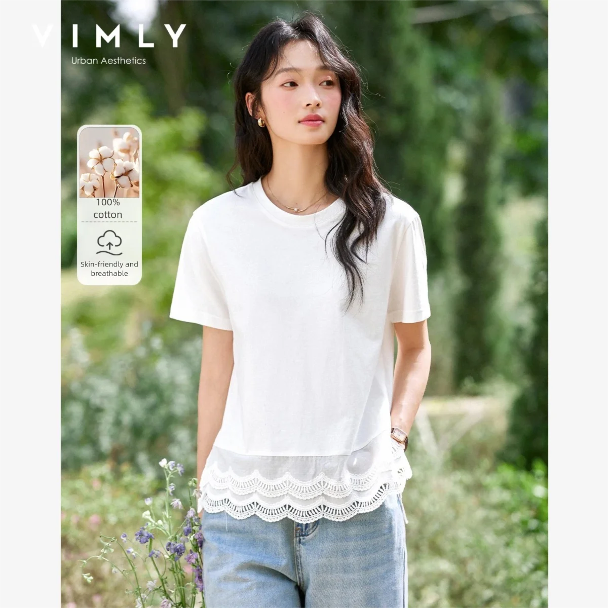 VIMLY Women Summer White Tops 2026 100% Cotton Short Sleeve T-shirt Double-layer Lace T Shirt Woman Female Tee Shirt A1529
VIMLY Women Summer White Tops 2026 100% Cotton Short Sleeve T-shirt Double-layer Lace T Shirt Woman Female Tee Shirt A1529