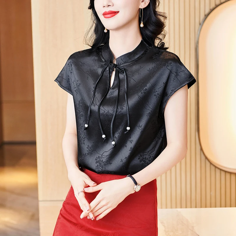 Printed Women's Shirt Short Sleeved Blouses Summer Woman Clothing V-neck Lace Up Satin Jacquard Ladies Tops Elegant Black Blouse
Printed Women's Shirt Short Sleeved Blouses Summer Woman Clothing V-neck Lace Up Satin Jacquard Ladies Tops Elegant Black Blouse