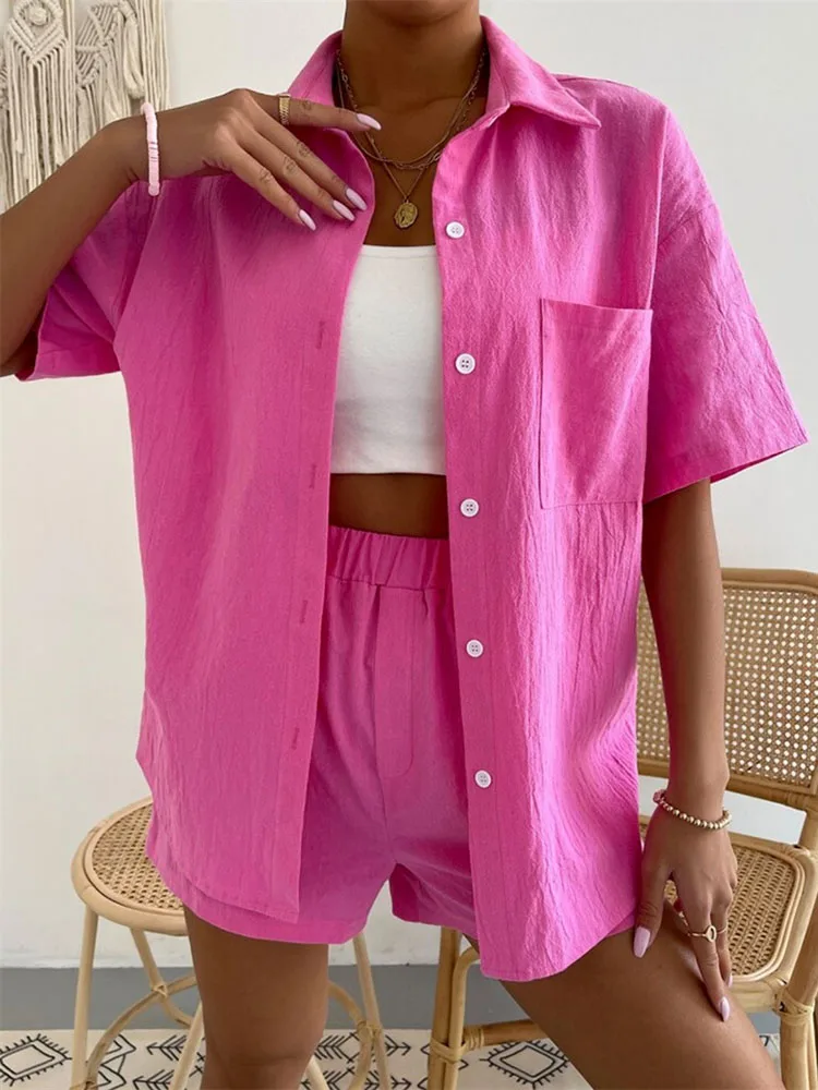 2023 Summer Cotton Linen Two-piece Suit Women Casual Sets Short-sleeve Shirt Top Blouses Elastic-waist Short Pants 2-piece Sets
2023 Summer Cotton Linen Two-piece Suit Women Casual Sets Short-sleeve Shirt Top Blouses Elastic-waist Short Pants 2-piece Sets