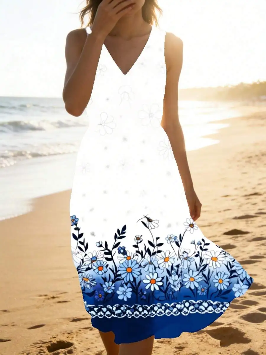 V Neck Sleeveless Midi Dress White Blue Daisy Floral Print Lace Trim Beach Summer Wear
V Neck Sleeveless Midi Dress White Blue Daisy Floral Print Lace Trim Beach Summer Wear