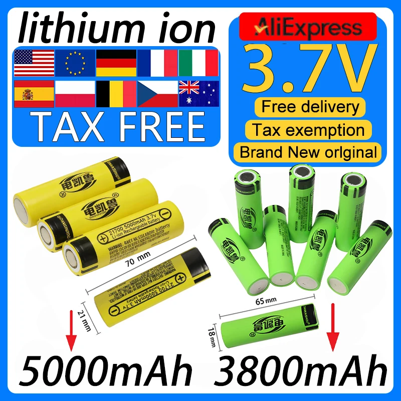 Новые литий-ионные аккумуляторы 3.7V 21700 5000mAh и 18650 3800mAh, 3C 12A 15A, для мощных фонарей, с плоским контактом, 1/300 шт.
Новые литий-ионные аккумуляторы 3.7V 21700 5000mAh и 18650 3800mAh, 3C 12A 15A, для мощных фонарей, с плоским контактом, 1/300 шт.