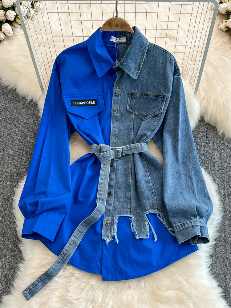 Women Casual Vintage Loose High Waist Belt Color Matching Denim Shirt Spring New Lapel Lantern Sleeve Midi Top
Women Casual Vintage Loose High Waist Belt Color Matching Denim Shirt Spring New Lapel Lantern Sleeve Midi Top