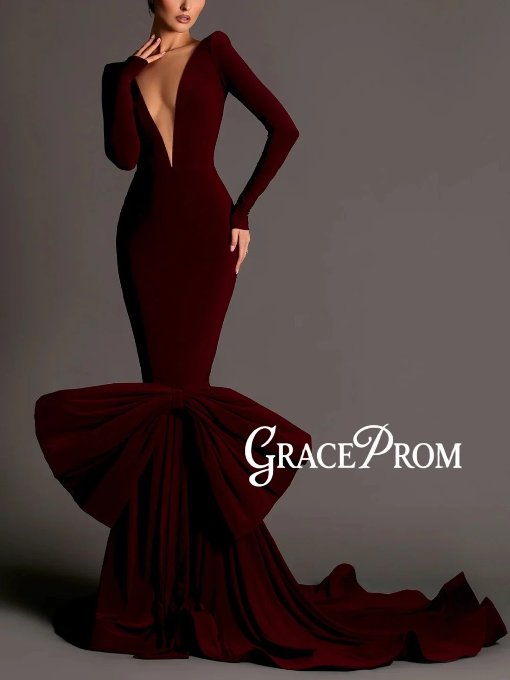 2026 Fashion Burgundy Mermaid Formal Evening Dress Long Sleeved Deep V Neckline Backless Bow Train Party Prom Gown Customized
2026 Fashion Burgundy Mermaid Formal Evening Dress Long Sleeved Deep V Neckline Backless Bow Train Party Prom Gown Customized