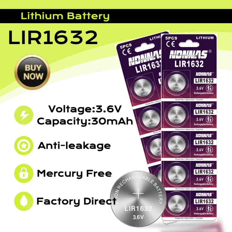 LIR1632 3.6V Rechargeable Lithium Rechargeable Battery Replace CR1632 For Watch Remote Control Camera Clock Calculator 
LIR1632 3.6V Rechargeable Lithium Rechargeable Battery Replace CR1632 For Watch Remote Control Camera Clock Calculator