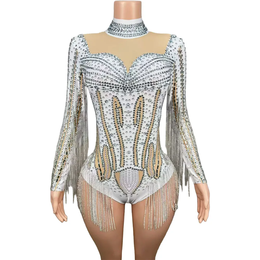 Sparkly Rhinestone Tassel Spandex White Bodysuit Nightclub Costume Birthday Party Outfit Women Sexy Dance Singer Stage Wear
Sparkly Rhinestone Tassel Spandex White Bodysuit Nightclub Costume Birthday Party Outfit Women Sexy Dance Singer Stage Wear