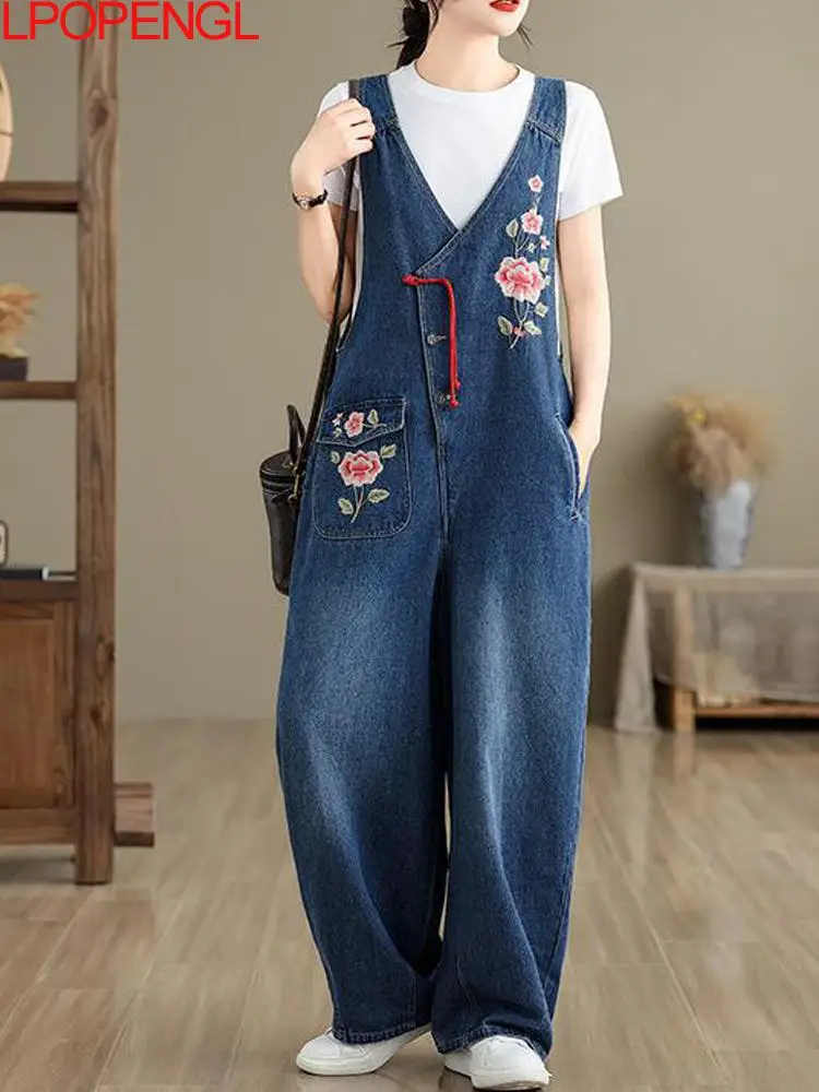 Spring And Summer Chinese Style Retro Large Loose Embroidered Jeans Suspenders Distress New Woman Straight One-piece Pants
Spring And Summer Chinese Style Retro Large Loose Embroidered Jeans Suspenders Distress New Woman Straight One-piece Pants 