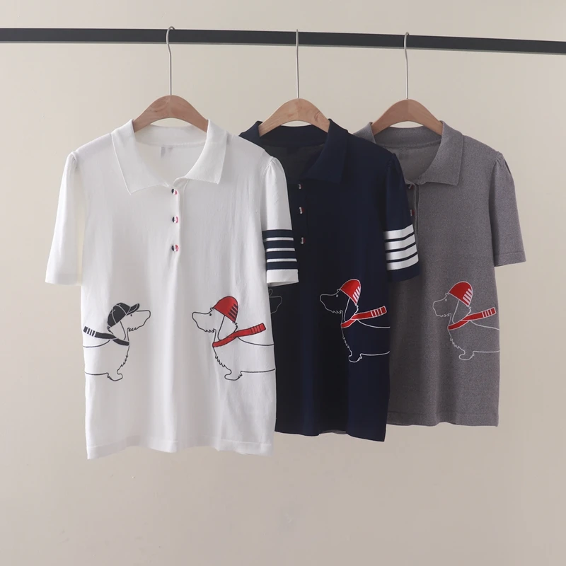 Summer New Academy Style Bubble Sleeves POLO Collar Dog Embroidered Short Sleeves Ice Silk Knitted T-shirt Top for Slim Women
Summer New Academy Style Bubble Sleeves POLO Collar Dog Embroidered Short Sleeves Ice Silk Knitted T-shirt Top for Slim Women