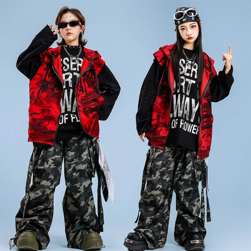 Kid Kpop Hip Hop Clothing Red Hoodie Vest Black Tee Camo Street Stap Parachute Cargo Pants for Girl Boy Dance Costumes Clothes 
Kid Kpop Hip Hop Clothing Red Hoodie Vest Black Tee Camo Street Stap Parachute Cargo Pants for Girl Boy Dance Costumes Clothes