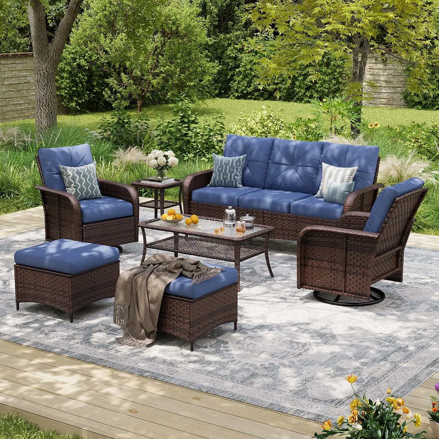 Luxury 9-Piece Patio Furniture Set, 360° Swivel Chairs, Wicker Rattan Sofa with Thick Cushion, Outdoor Conversation, Customized
Luxury 9-Piece Patio Furniture Set, 360° Swivel Chairs, Wicker Rattan Sofa with Thick Cushion, Outdoor Conversation, Customized