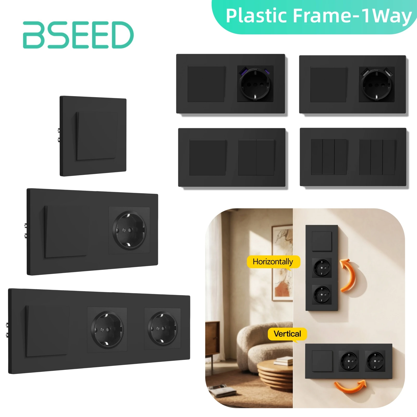 BSEED Push Button Switch Light Switch Black Plastic Frame Wall Power Sockets USB-C Phone Charge E-Series EU Standard 1 Way
BSEED Push Button Switch Light Switch Black Plastic Frame Wall Power Sockets USB-C Phone Charge E-Series EU Standard 1 Way