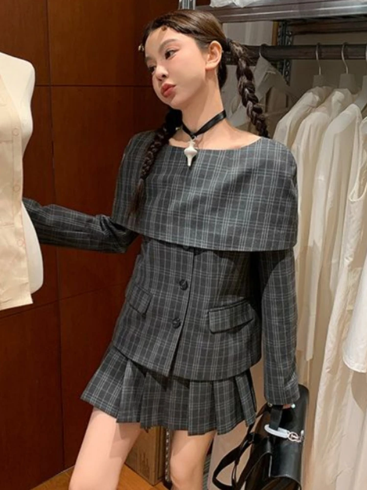 Preppy Style Plaid Two-piece Suit Women Harajuku Slash Neck Vintage Single Breasted Overcoat Girls Sweet Pleated Grunge Skirts
Preppy Style Plaid Two-piece Suit Women Harajuku Slash Neck Vintage Single Breasted Overcoat Girls Sweet Pleated Grunge Skirts