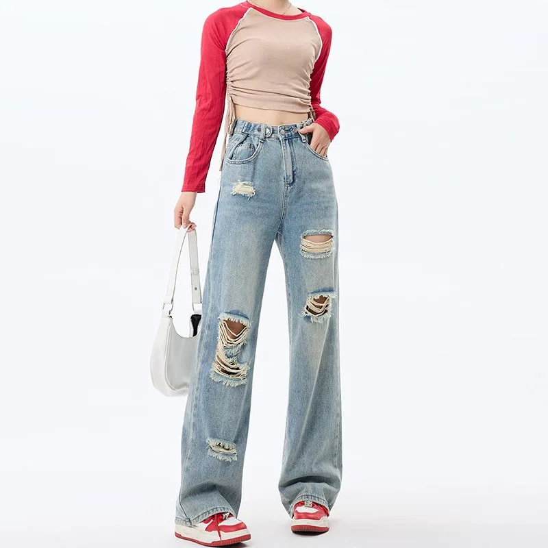 Adjustable Buckle Women's Loose Wide Leg Jeans High Waist Design Hole Straight Tube Floor-Length Pants Casual Blue Denim
Adjustable Buckle Women's Loose Wide Leg Jeans High Waist Design Hole Straight Tube Floor-Length Pants Casual Blue Denim