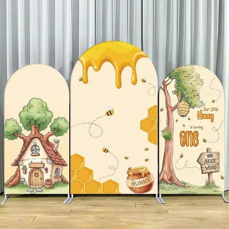 Single Side Arch Backdrop Cover Honey themed party backdrop featuring a whimsical treehouse with green foliage a central
Single Side Arch Backdrop Cover Honey themed party backdrop featuring a whimsical treehouse with green foliage a central