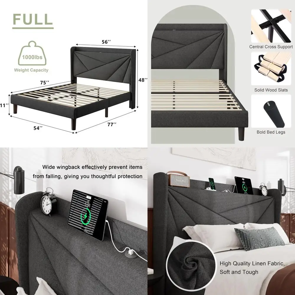 Charcoal Grey Upholstered Bed with Charging Station, Wingback Headboard, Solid Wood Slat Support, Noise-Free, No Box Spring Need
Charcoal Grey Upholstered Bed with Charging Station, Wingback Headboard, Solid Wood Slat Support, Noise-Free, No Box Spring Need