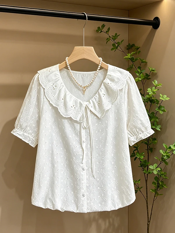 Fashionable Embroidered Lace Patchwork Doll Collar Bow Tie Short Sleeve Shirt Women's plus Size Summer New Arrival Korean Style
Fashionable Embroidered Lace Patchwork Doll Collar Bow Tie Short Sleeve Shirt Women's plus Size Summer New Arrival Korean Style