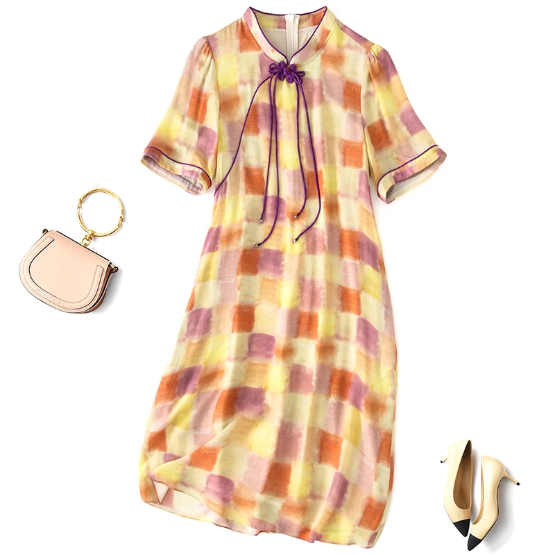 Chinese Style Women's Cheongsam Dress 2026 Summer Short Sleeve Elegant Dresses for Women 100% Real Silk Woman Plaid Dress A-line
Chinese Style Women's Cheongsam Dress 2026 Summer Short Sleeve Elegant Dresses for Women 100% Real Silk Woman Plaid Dress A-line